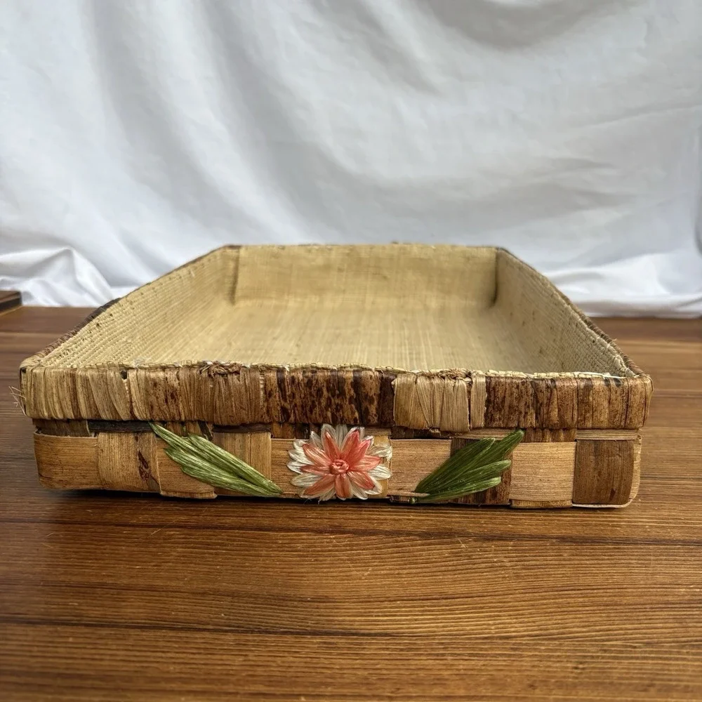 Vintage Rustic Bark Look Decorative Basket Tray Floral Trim Burlap Lined Decor